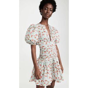 byTimo Festive Cotton Floral Print Puff Sleeve Ruched Mini Dress Poppy Size M